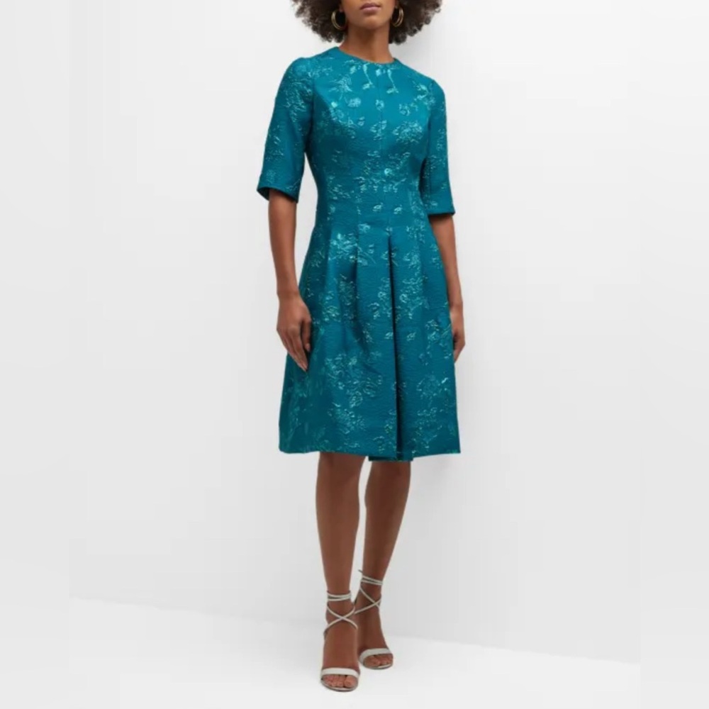 NWT Rickie Freeman for Teri Jon Teal
Pleated Floral Jacquard Midi Dress Sz 12